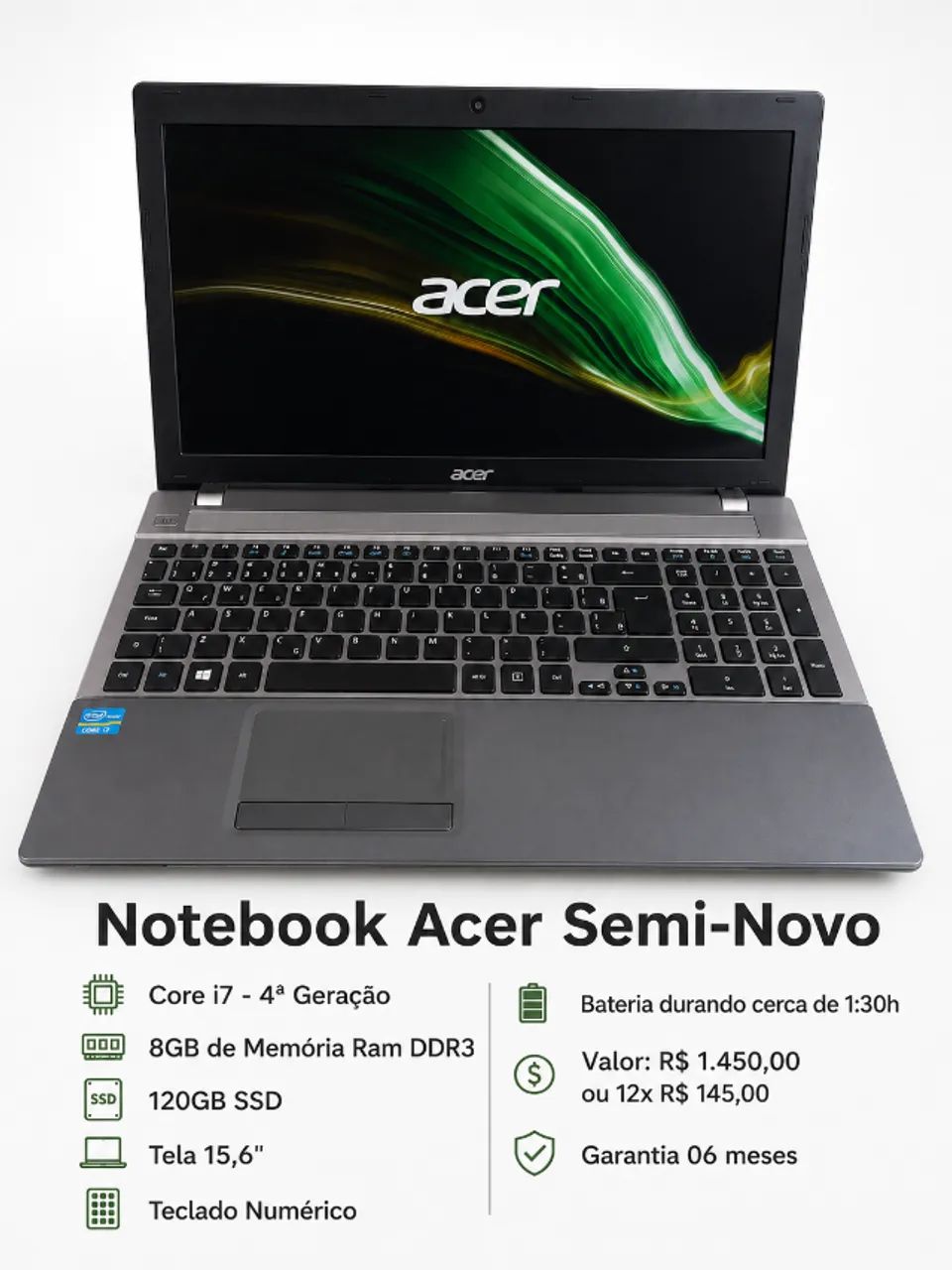 Notebook ACER - Core i7 - SSD | 8GB Mem. | 6meses Garantia e Formatado - Foto 4