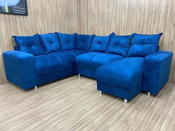 Sofá de Canto Azul 6 Lugares Suede