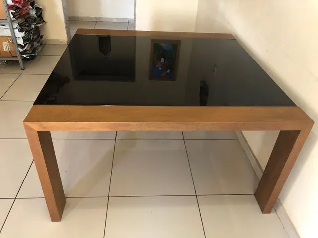 Mesa de madeira quadrada com tampo de vidro em blindex preto  - Foto 2