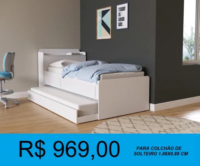 Cama solteiro bibox com auxiliar e gavetas - Entrega e montagem gratis
