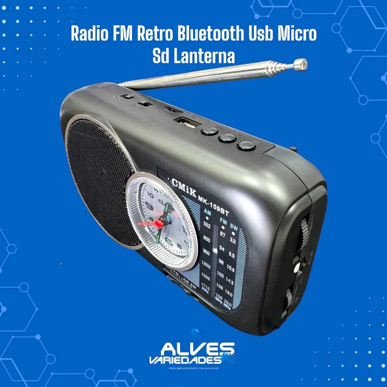 Rádio FM Retrô Bluetooth USB relógio e lanterna  - Foto 2