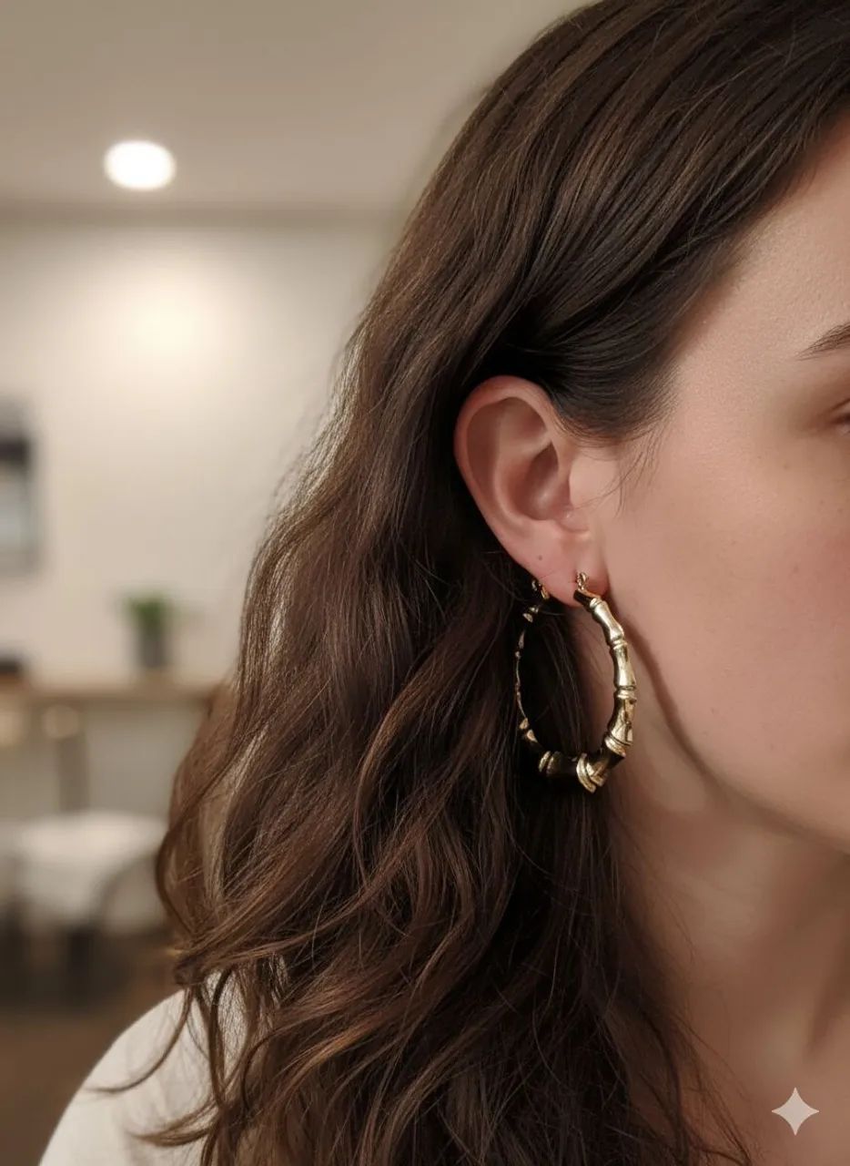 Brinco de Argola click designer bambu folheado em ouro 18k  - Foto 2