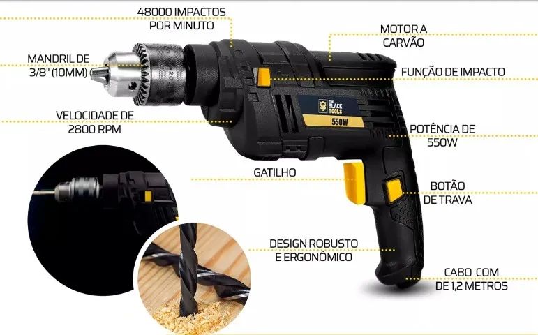 Furadeira Com Impacto 3/8 10MM 550W 220V Black Tools Garantia