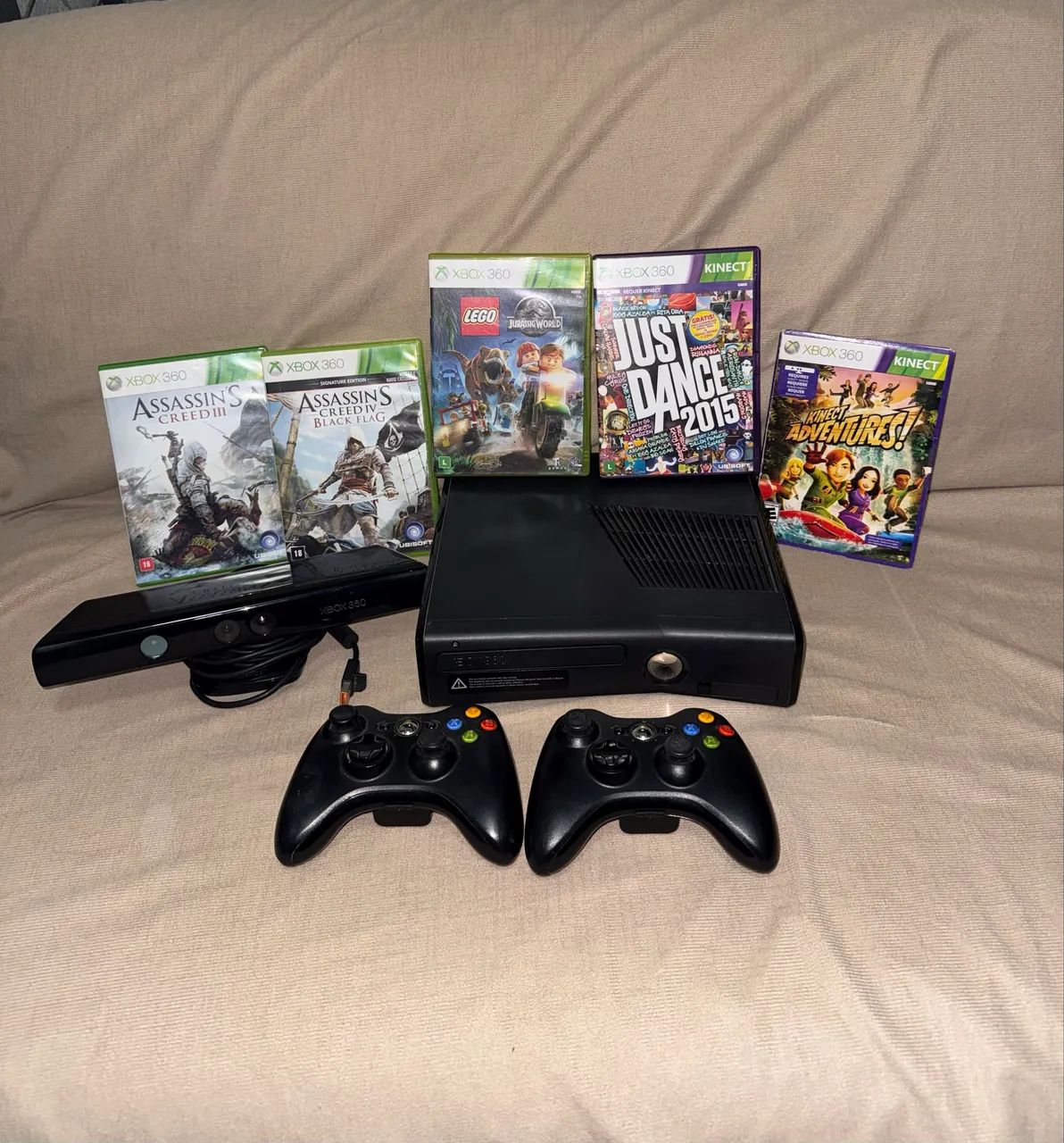 Xbox 360 slim com 2 controles + kinect + 5 jogos 