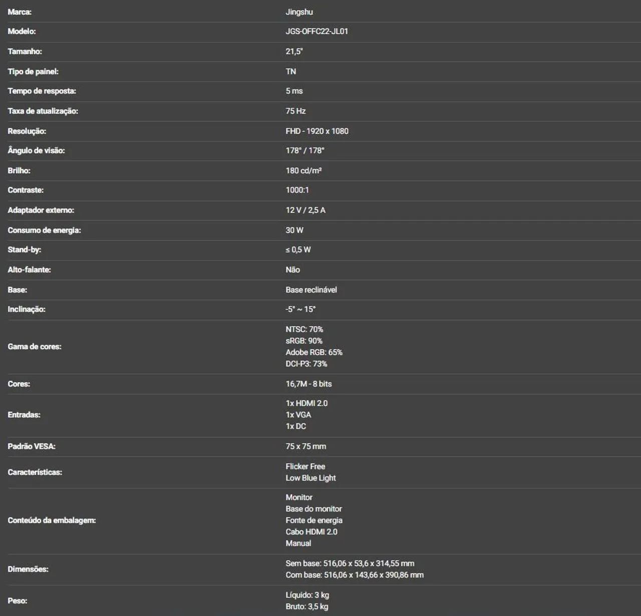 Monitor Jingshu 75 hz / 21,5 polegadas - Foto 3