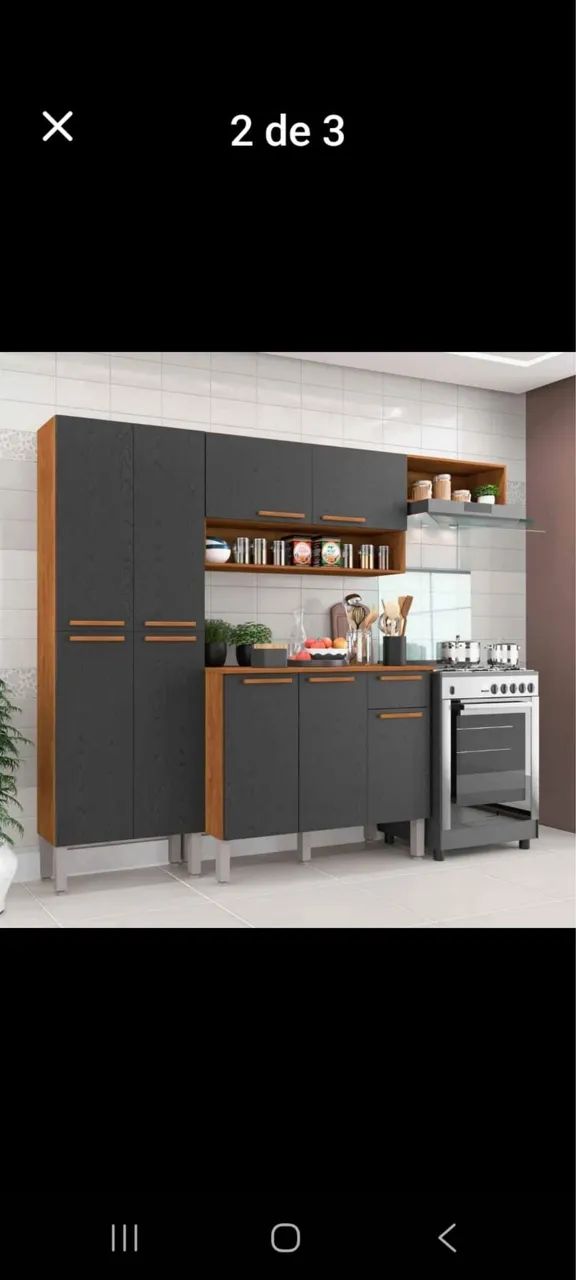 Armário de Cozinha Completo 229cm - Moderno com Nichos e Espaço para Fogão