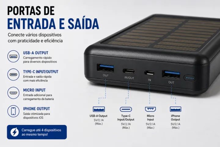 Power Bank BLACKULTRA 20000mAh Solar com 4 Cabos Embutidos USB-C Micro USB e iOS - Foto 3