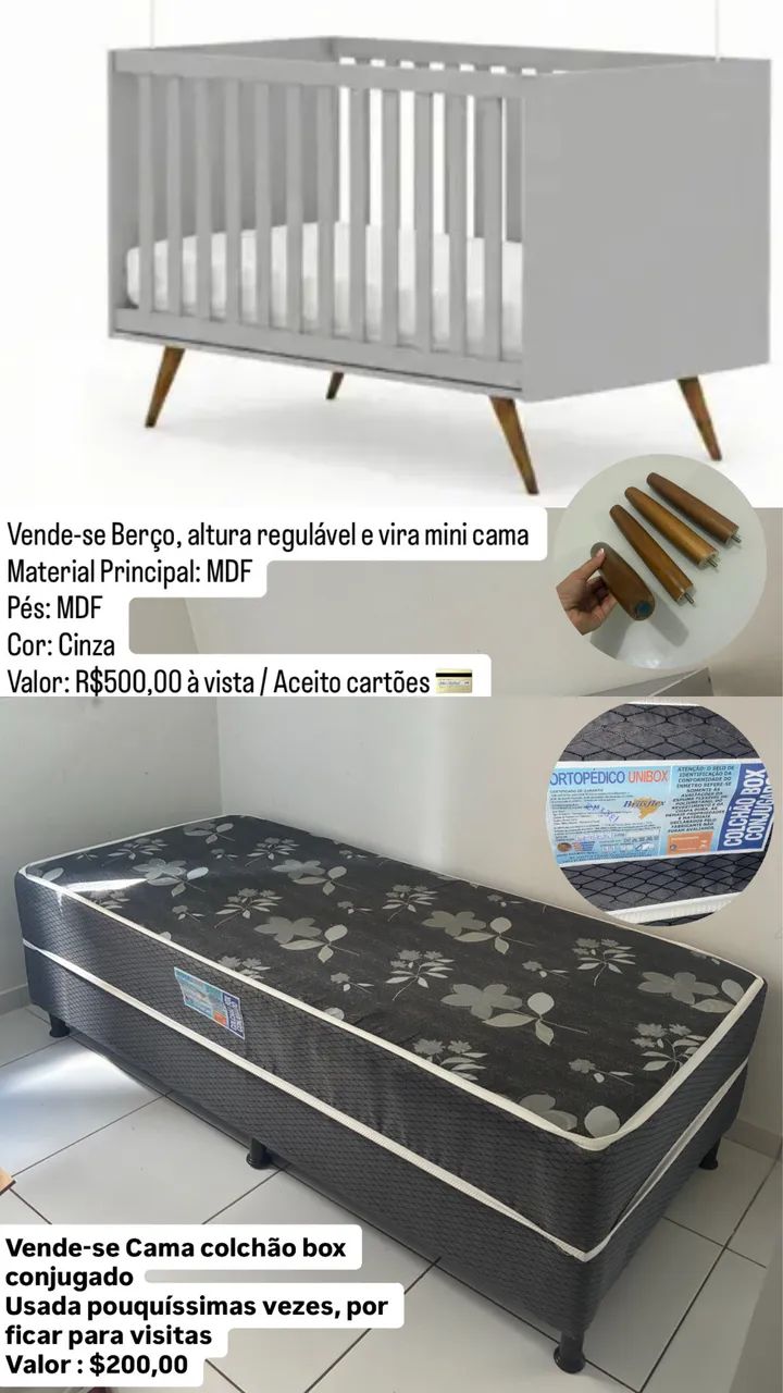 Berço completo e Cama colchão box conjugado, sem avarias.
