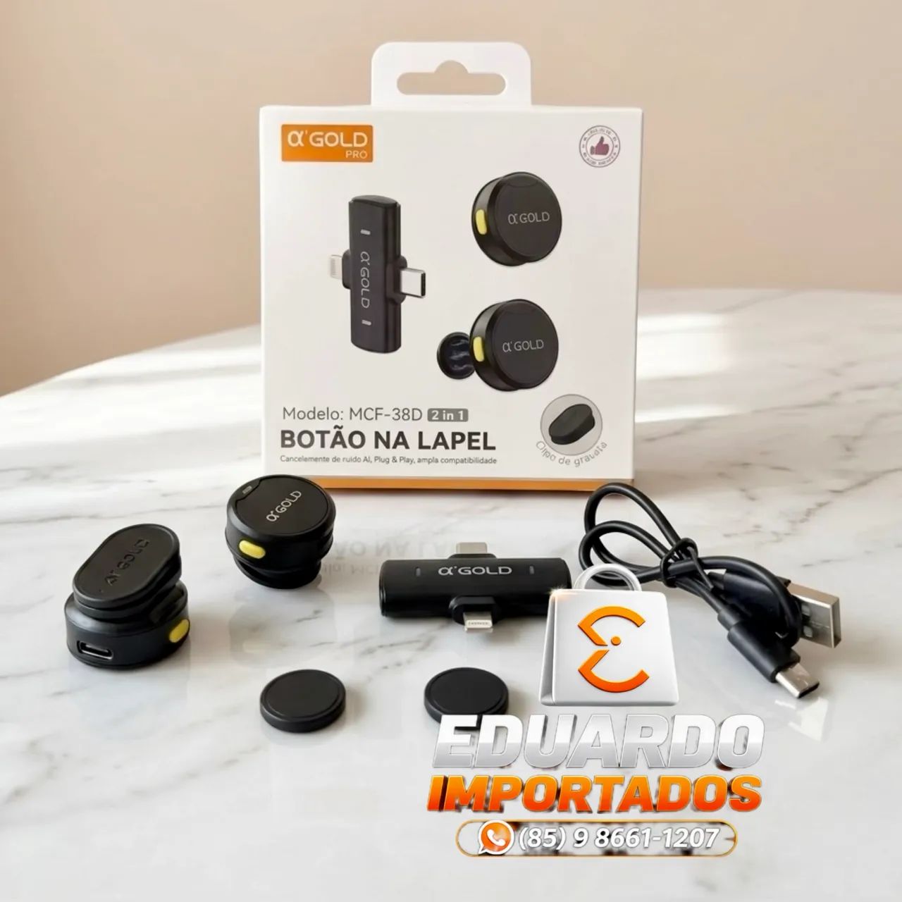 Microfone de Lapela Duplo 2x1 iPhone/ Lightning e TIPO-C, Antirruído, Ipx4, Bluetooth 5.4