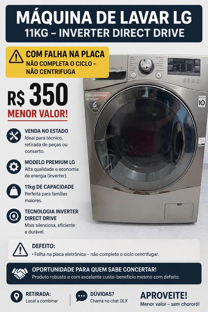 Máquina de Lavar LG 11kg Inverter Direct Drive - R$ 350 (Menor Valor)