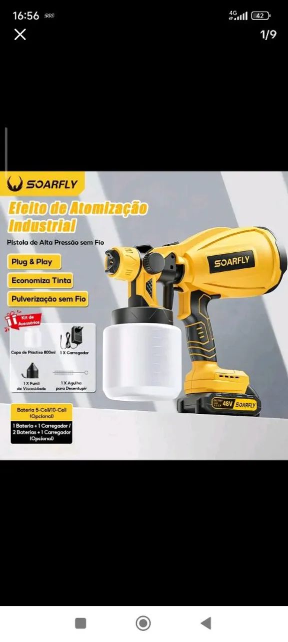 PISTOLA DE PINTURA SOARFLY 48V BAT 10 CÉLULAS - PROFISSIONAL, 1000 ML - Foto 5