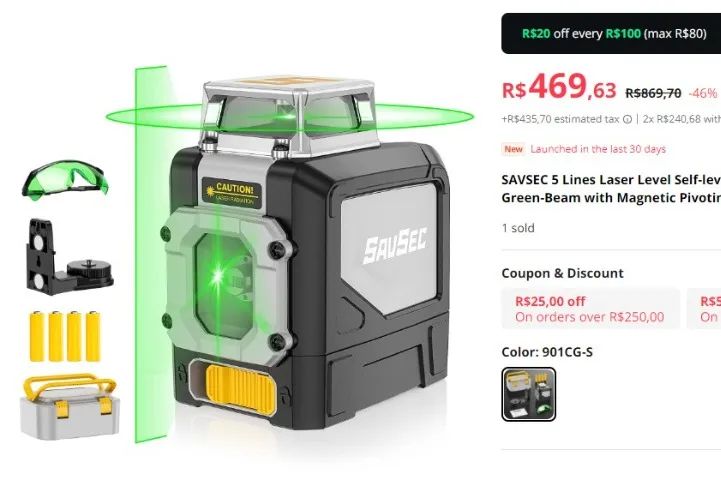 Nível Laser Verde Savsec 5 Linhas 360° Com Estojo Rígido - Foto 3