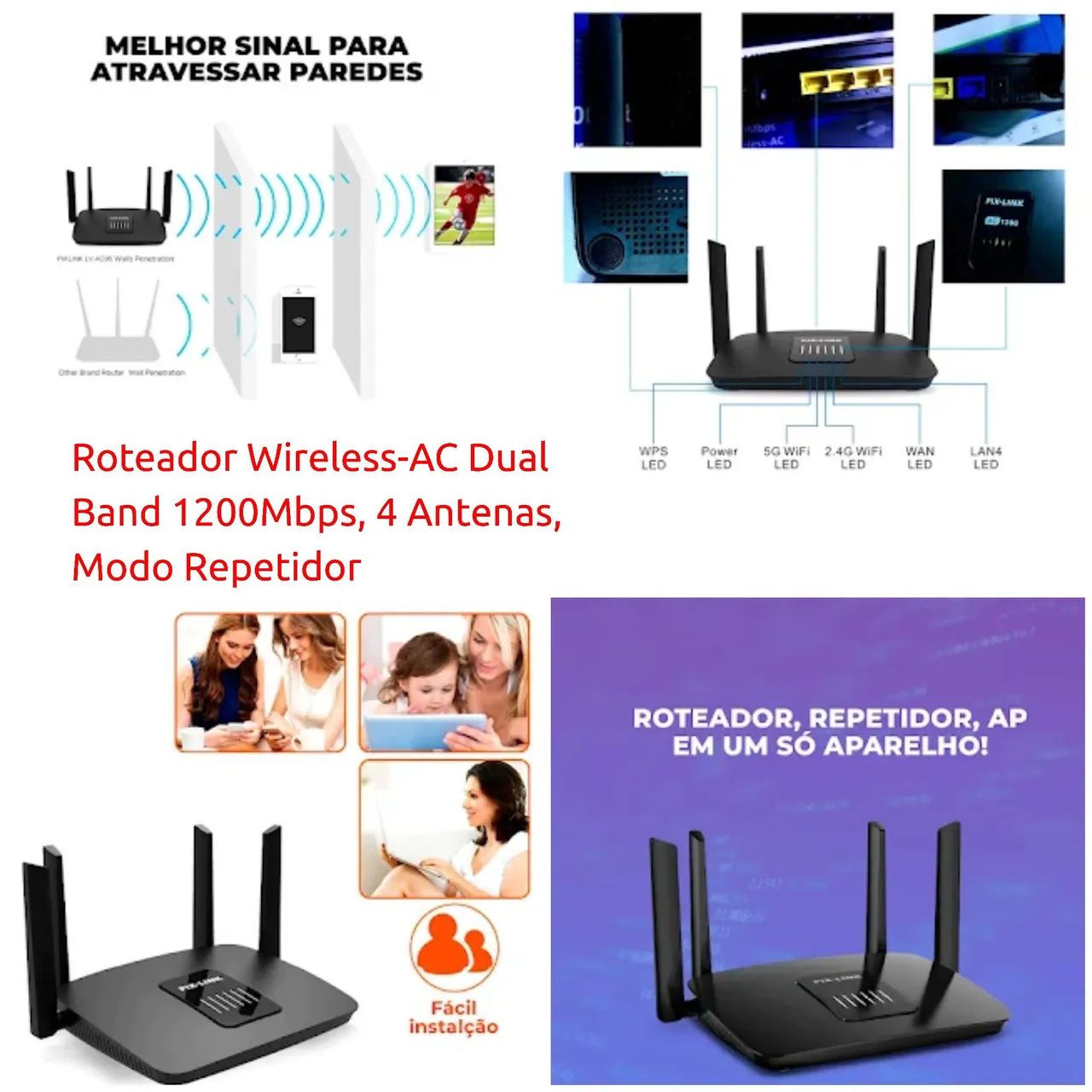 Roteador Wireless-AC Dual Band 1200Mbps, 4 Antenas, Modo Repetidor