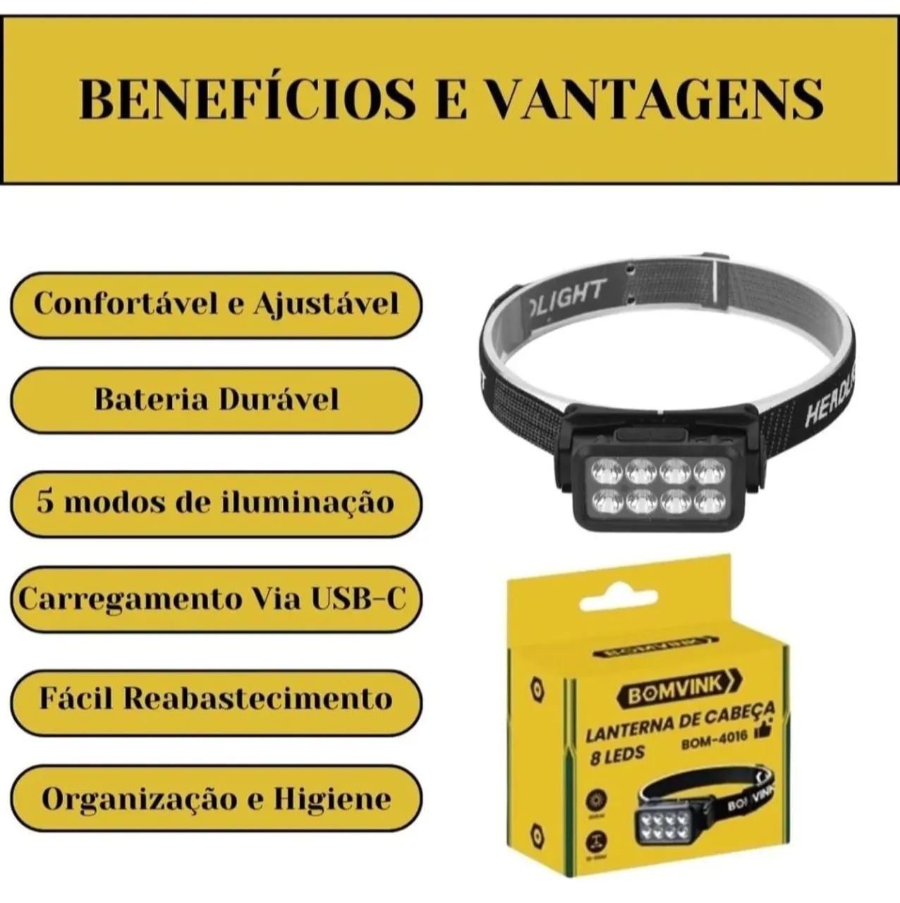 Lanterna de cabeça BomVink 8 LEDs - Ideal para camping e esportes! - Foto 2