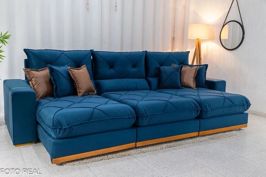 Sofá Retrátil Reclinável Bello 3.20m Veludo Azul - D33 e Molas Ensacada rf87
