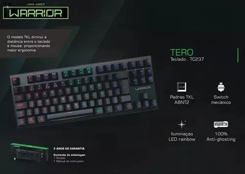 Teclado Mecânico Gamer TKL Warrior - Led Rainbow Switch Blue - Foto 2