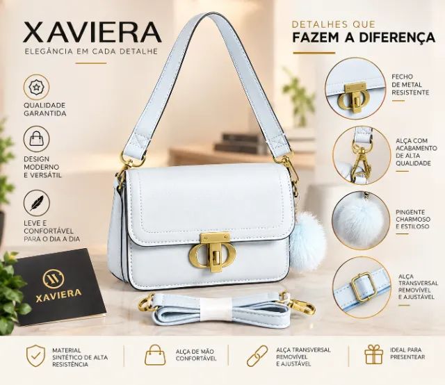 Bolsa Feminina Elegante com Alça Removível e Chaveiro Pompom Xaviera
