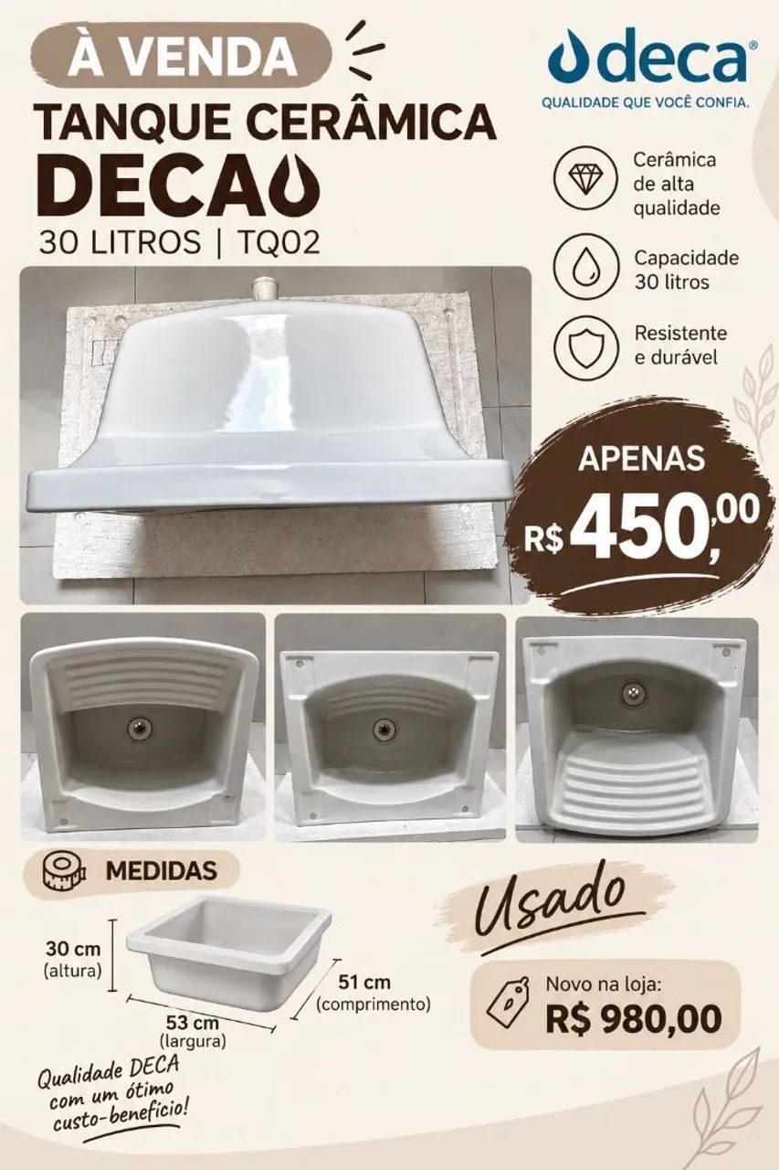 Tanquinho de Cerâmica Deca 30L