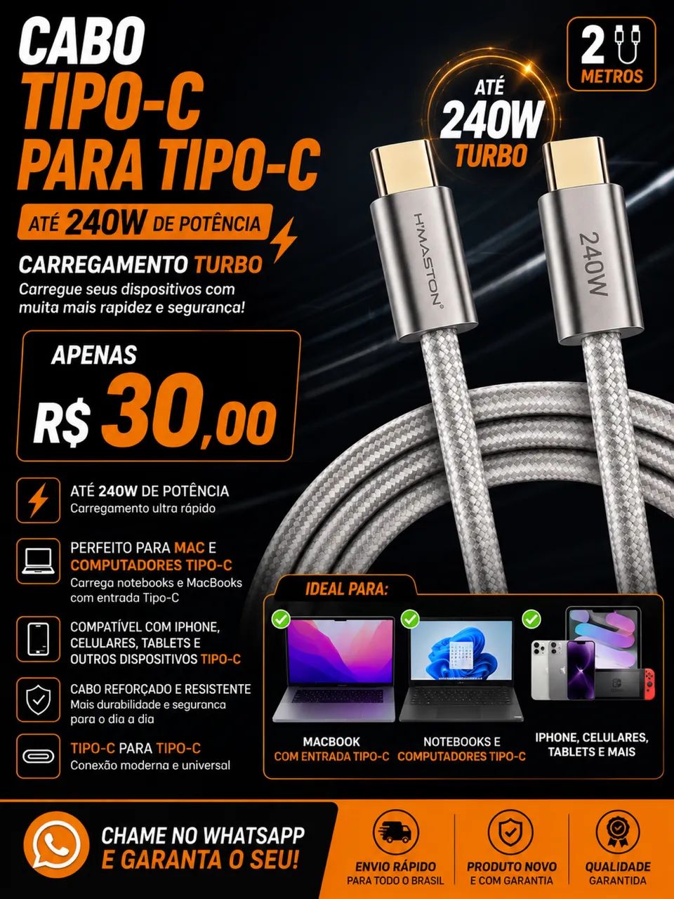 Cabo tipo-? 240w 2m MacBook IPhone e etc  - Foto 2