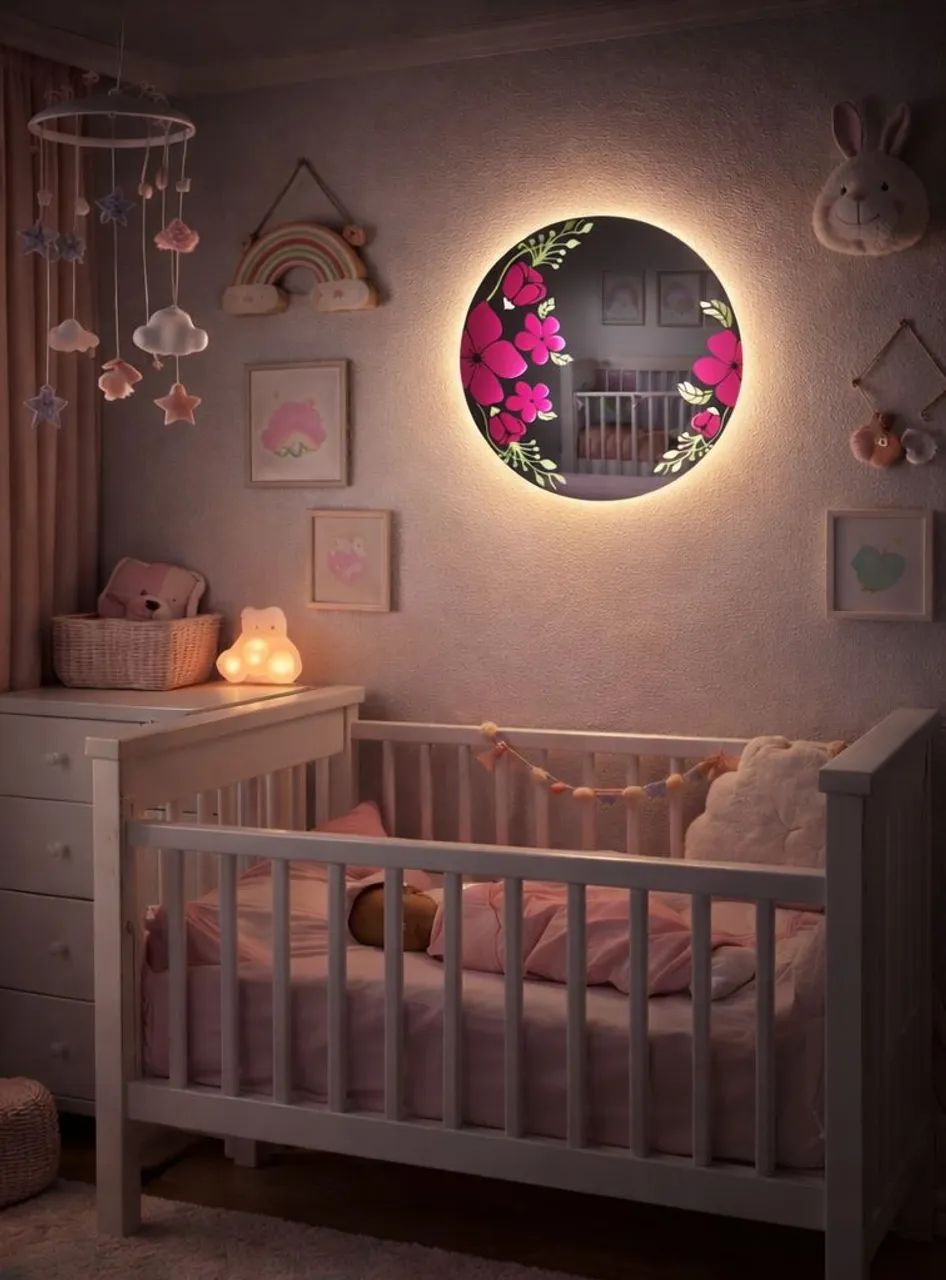 Espelho com vitral e iluminação em LED dimerizável para quarto de bebê 