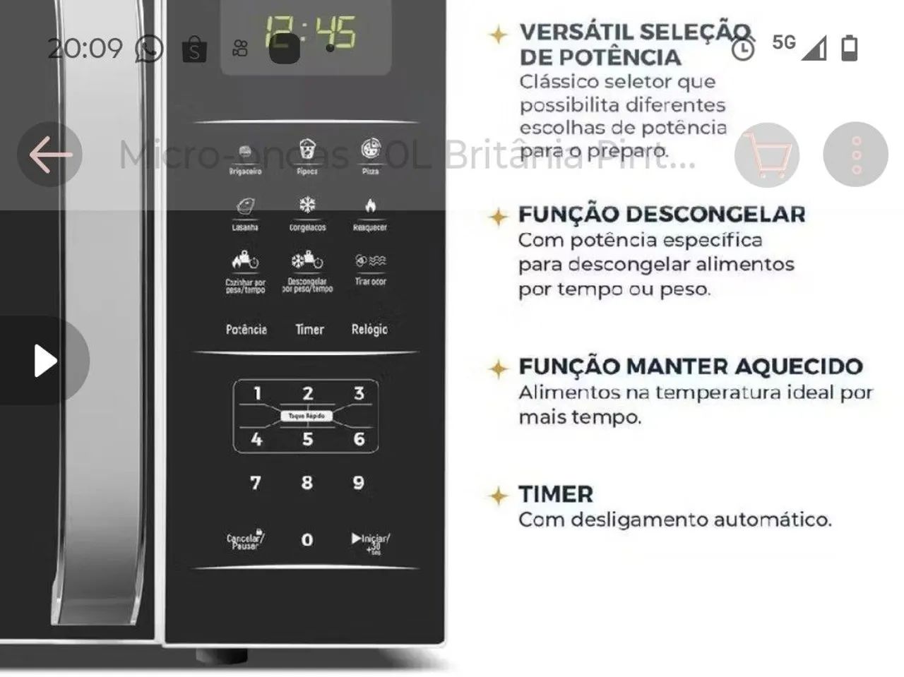 Vendo microondas Britânia 20L 127V ou troca por um 220V - Foto 3