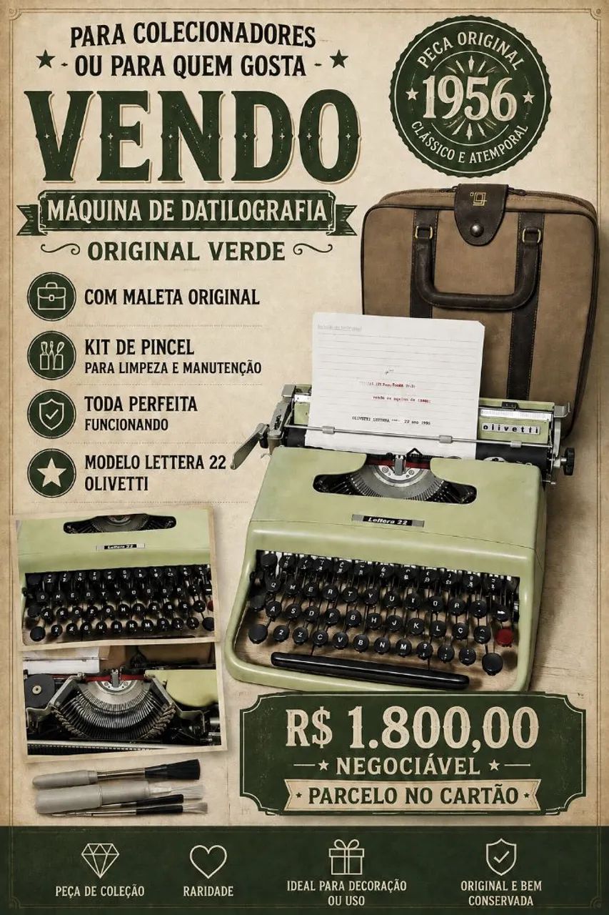 Vendo máquina de datilografia Olivetti Lettera 22 original com case e pinceis. 