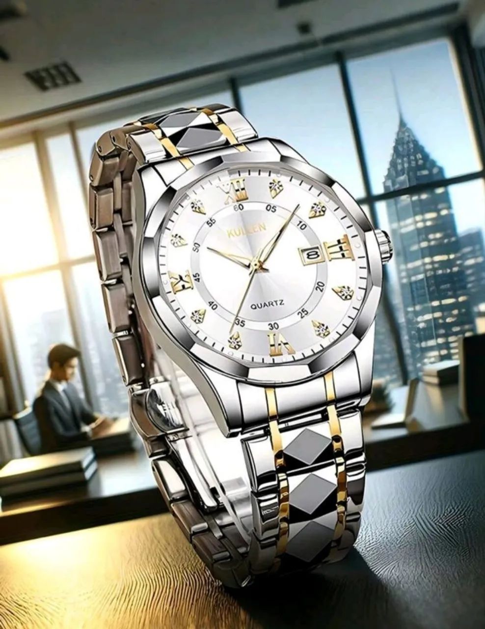 Relogio Masculino Aco Inoxidavel Prata E Dourado Quartz - Foto 5