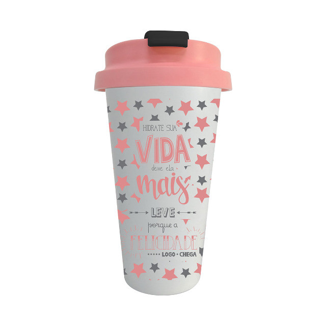 Copo Térmico Rosa Hidrate Sua Vida Caneca Café 500ml C/ Tampa - Foto 2