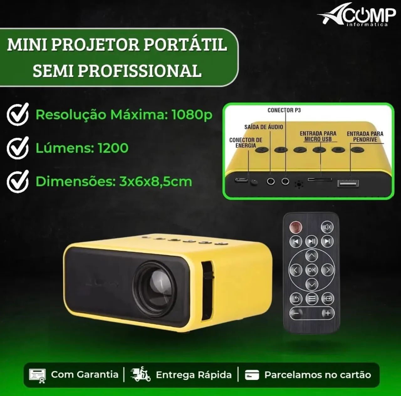 Mini Projetor Portátil Semi Profissional 1080p 1200 Lumens