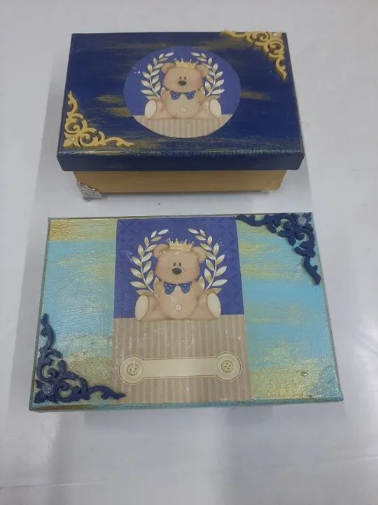 2 CAIXAS MDF 15X10 DECORADA COM TAMPA COM BEBE URSINHO - Foto 2