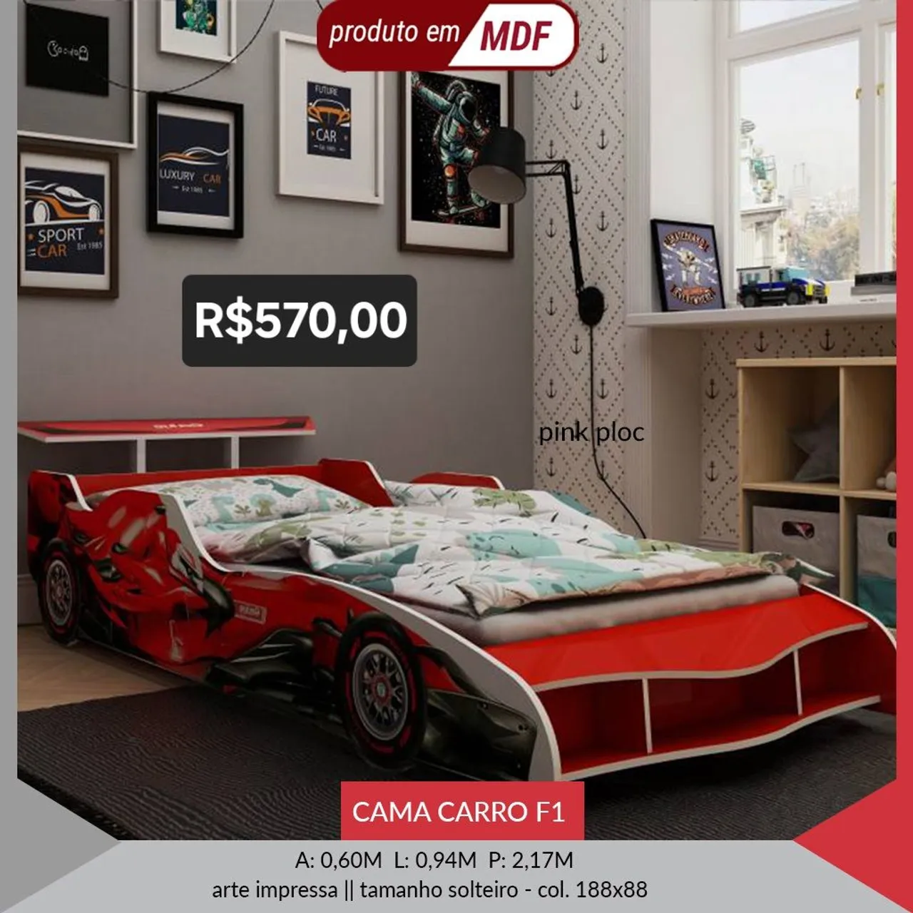 Cama de Carro F1 para Meninos - Solteiro - Vermelha