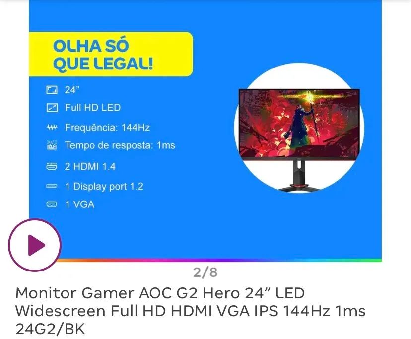 MONITOR GAMER 144 HZ - AOC G2 HERO - 24 POLEGADAS - - Foto 4
