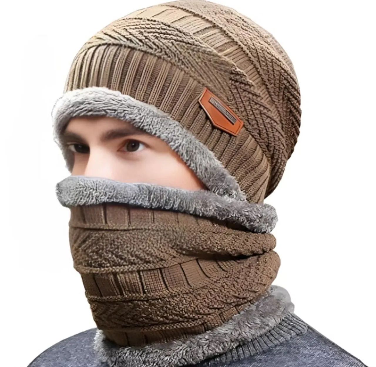 Conjunto de gorro e cachecol de inverno masculino - Foto 3