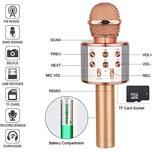 Microfone Sem Fio Karaoke Bluetooth WS858 com Caixa De Som  - Foto 2