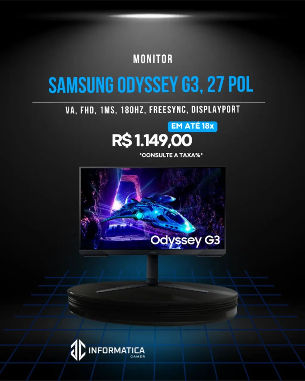 Monitor Gamer Samsung Odyssey G3, 27 Pol, Full HD, 180Hz, 1ms, HDR, FreeSync(JCINFORMATICA