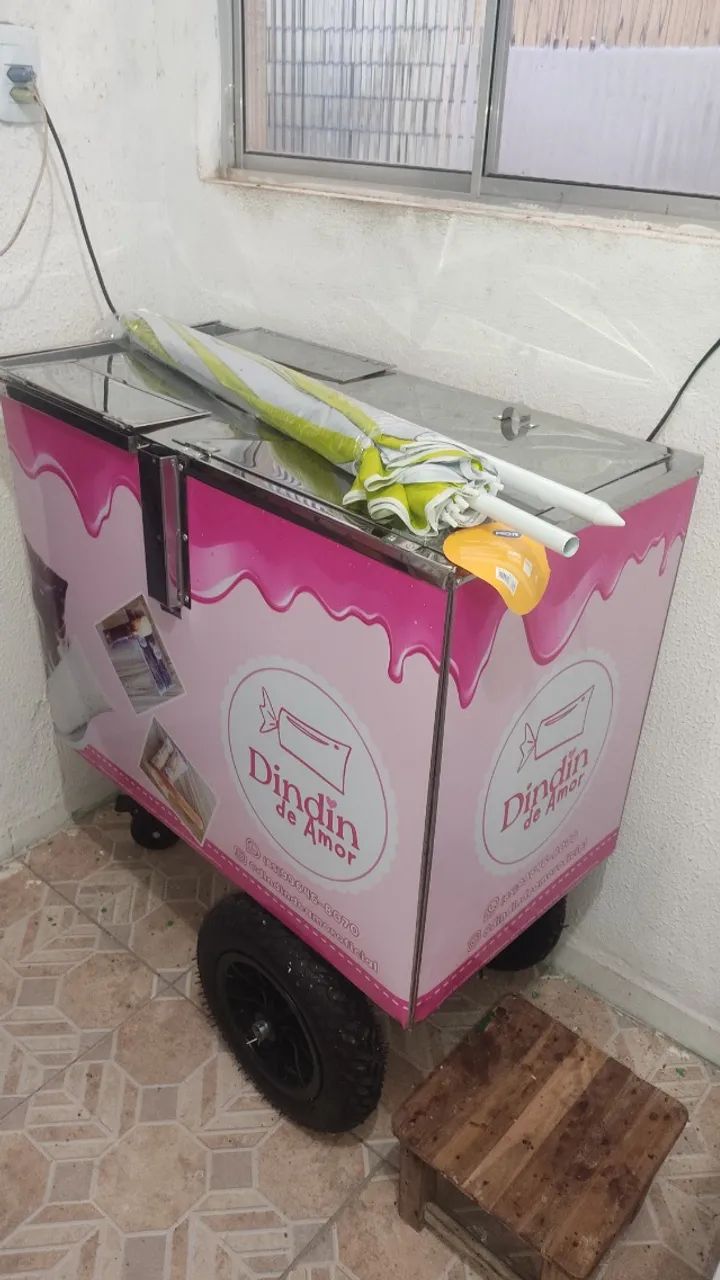 Carrinho De Açai Dindin Gourmet Picolé Com Guarda-sol Inox  + 2 Kit Placa Gel de Gelo