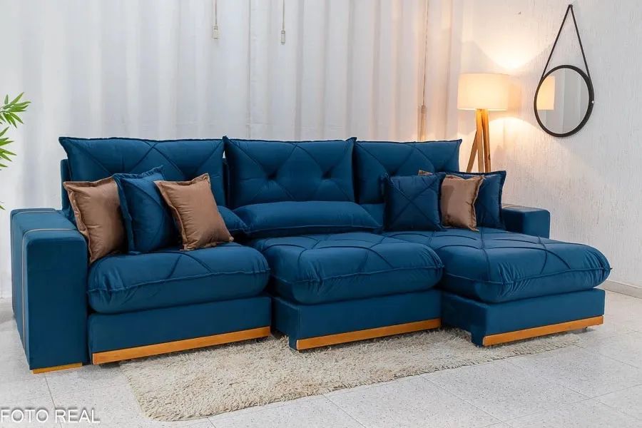 Sofá Retrátil Reclinável Bello 3.20m Veludo Azul - D33 e Molas Ensacada rf87 - Foto 3