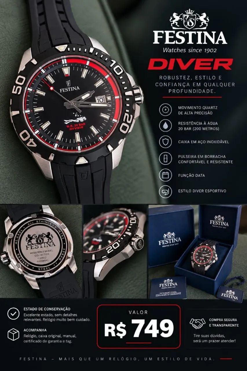 Relógio Festina Diver 200m - marca Suíça 