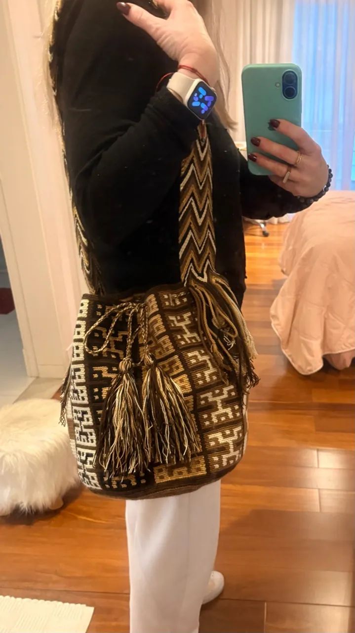 Bolsa Wayuu Legítima Tecida à Mão - Boho Chic Marrom e Bege - Foto 4