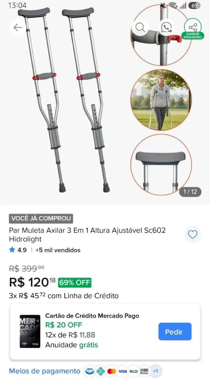 Par muleta axilar 3 em 1 com altura ajustável  - Foto 4