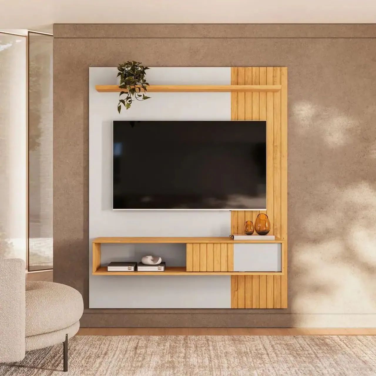Painel para TV até 65 Polegadas Ripado com Porta Dj Cosmo 1.5 Bali Cedro<br>