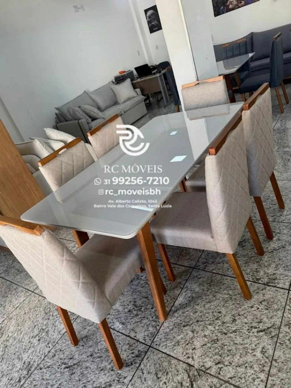 Mesa de jantar 1,70x0,90 Tampo Vidro Laqueado + 6 Cadeiras Madeira maciça