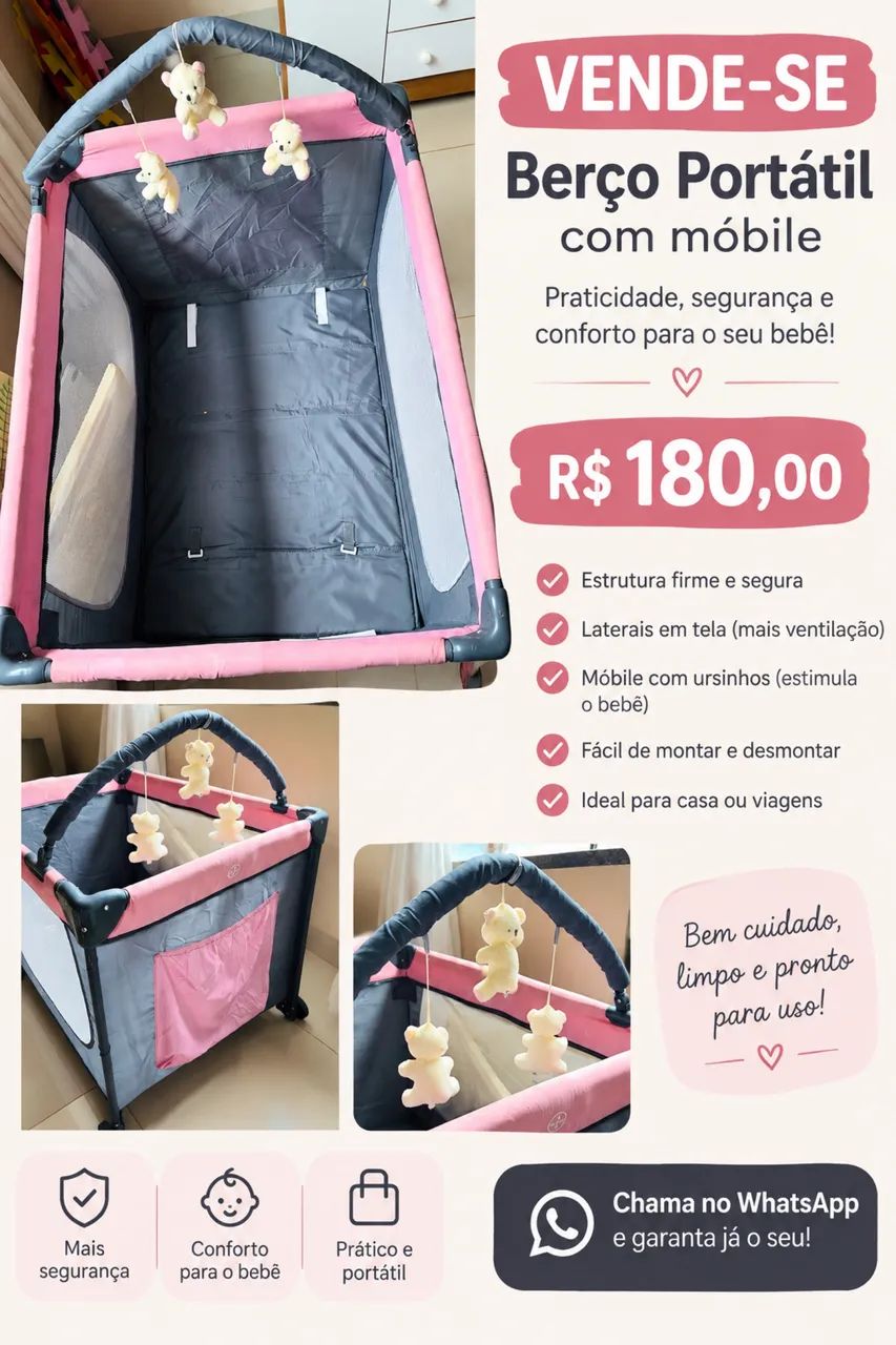  BERÇO PORTÁTIL COM MÓBILE - R$ 180,00 - Foto 4