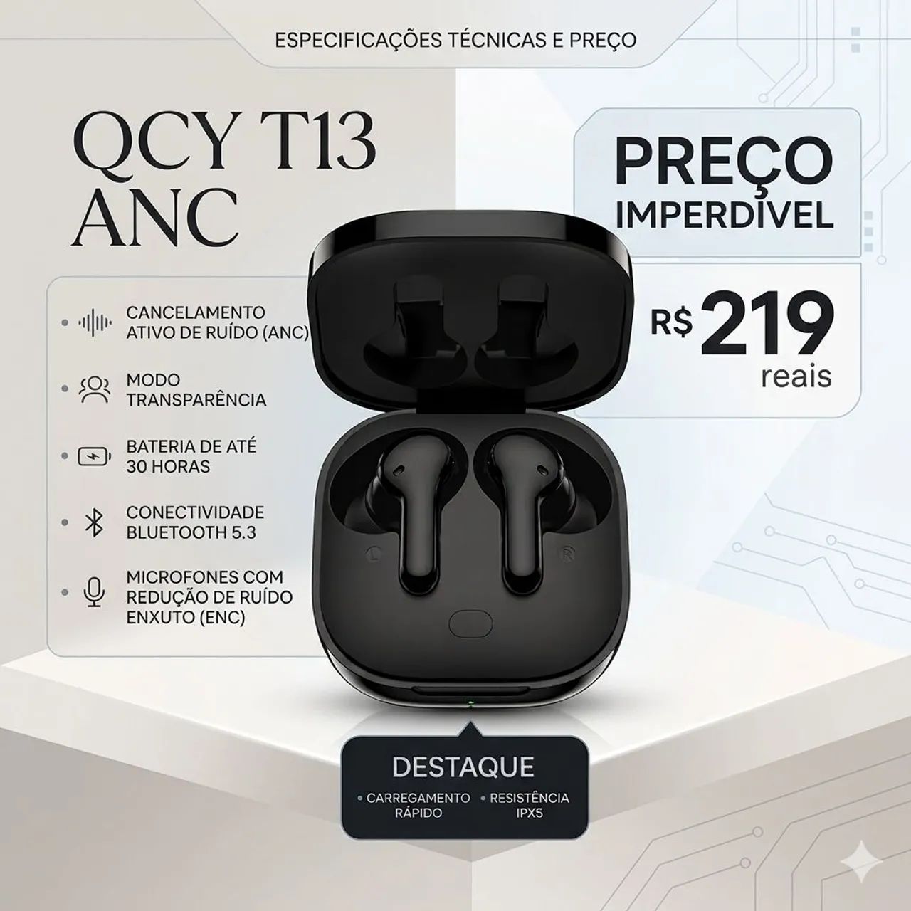 Fone Bluetooth Qcy T13 ANC Premium Preto (Original e Lacrado)