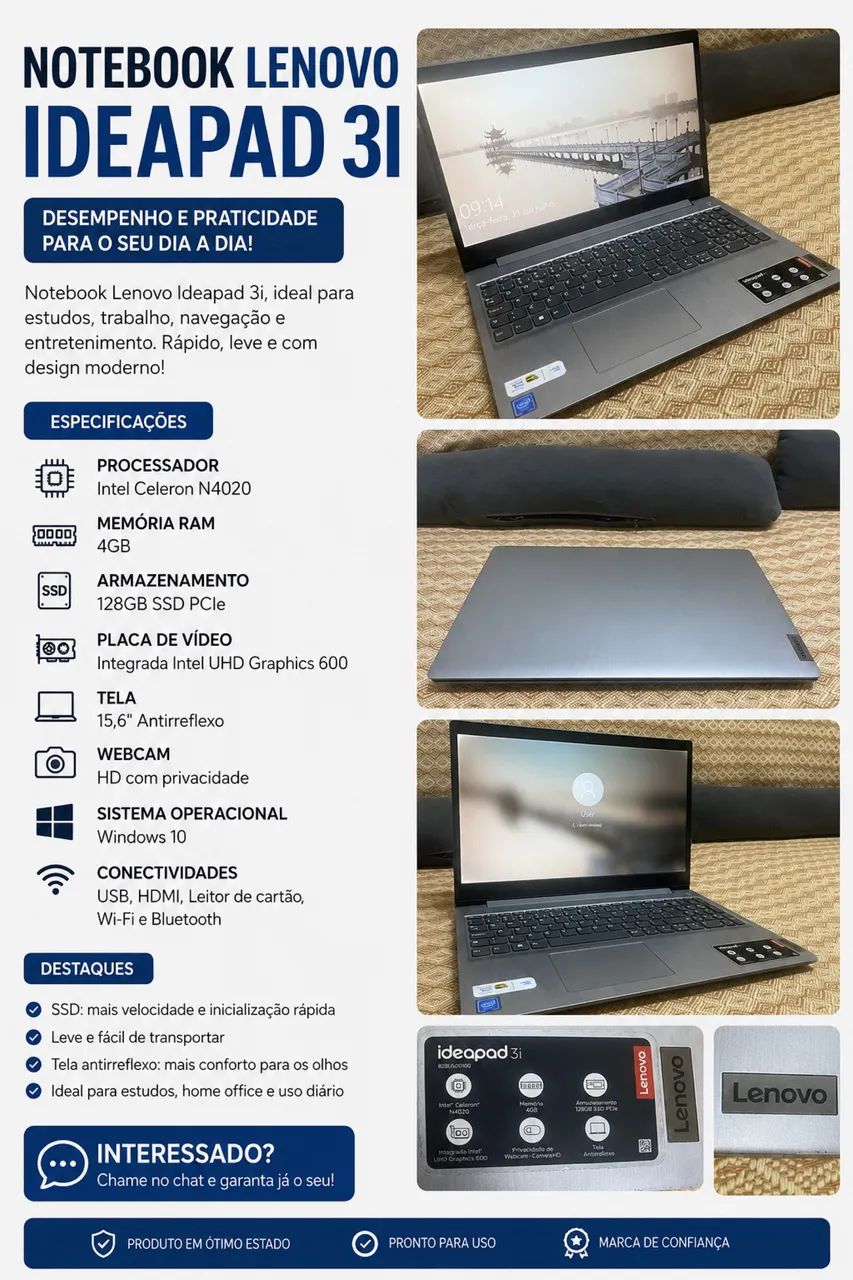 ? Notebook Lenovo IdeaPad 3i | SSD | Pronto para uso