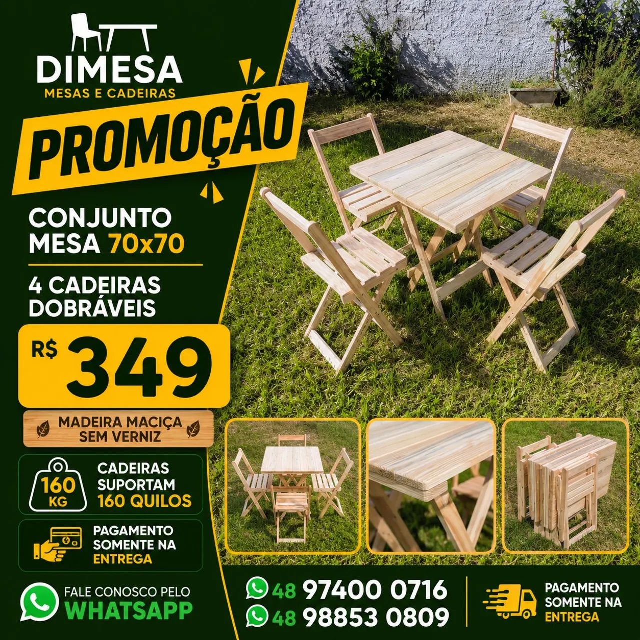 Kit 70x70 madeira maciça natural 4 cadeiras