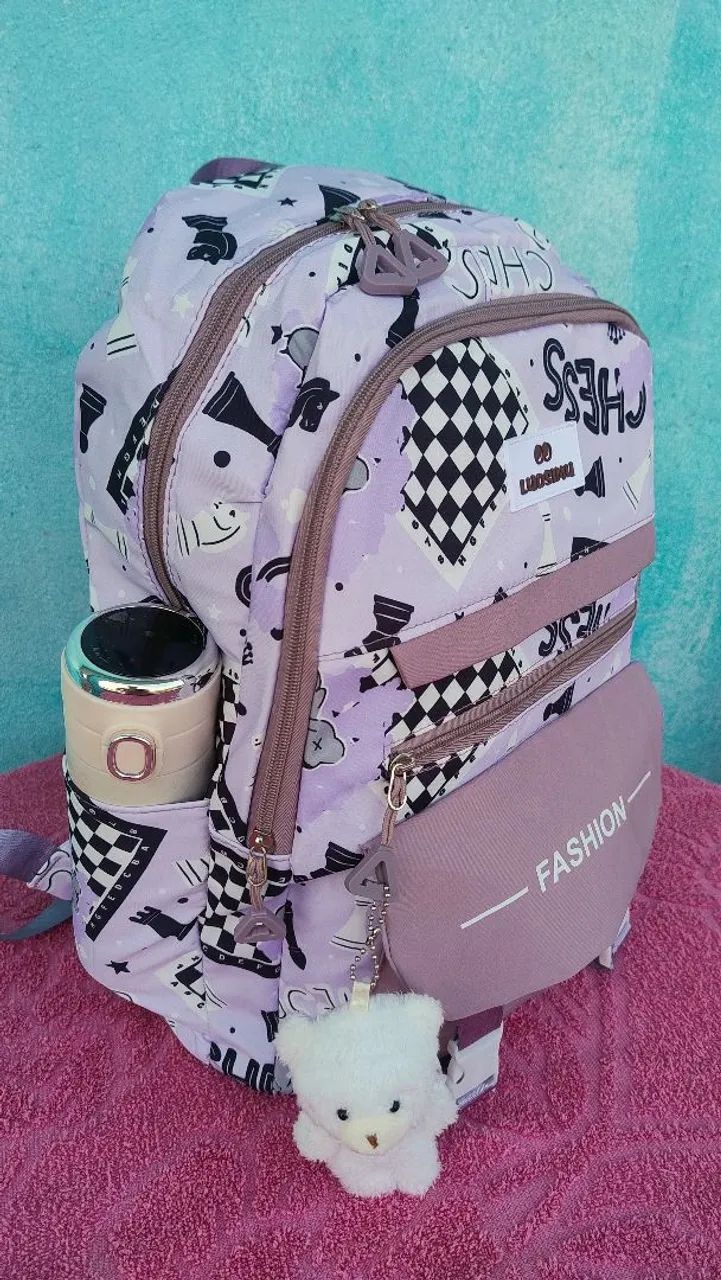 Bolsa Mochila Estudantil, versão Coreana com ursinho de pelúcia. - Foto 5