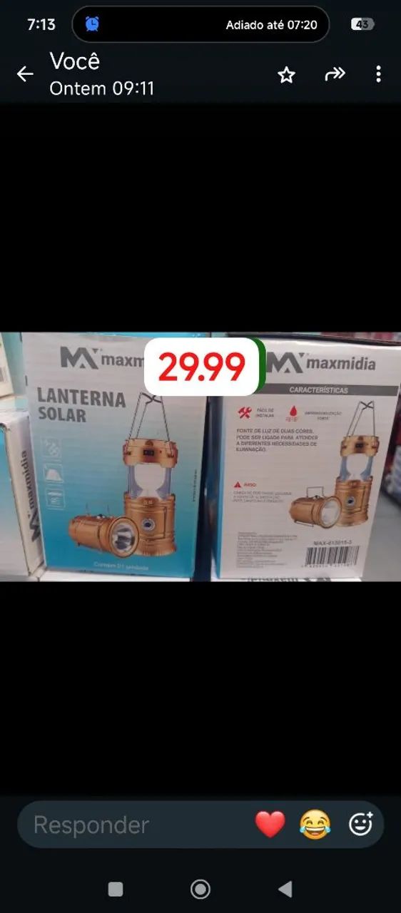Luminária e lanterna recarregável até 8 horas ligada 