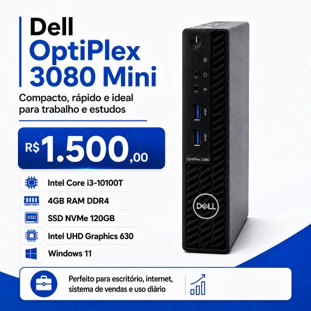 Dell OptiPlex 3080 | Mini PC i3 10ª Geração | SSD NVMe | Windows