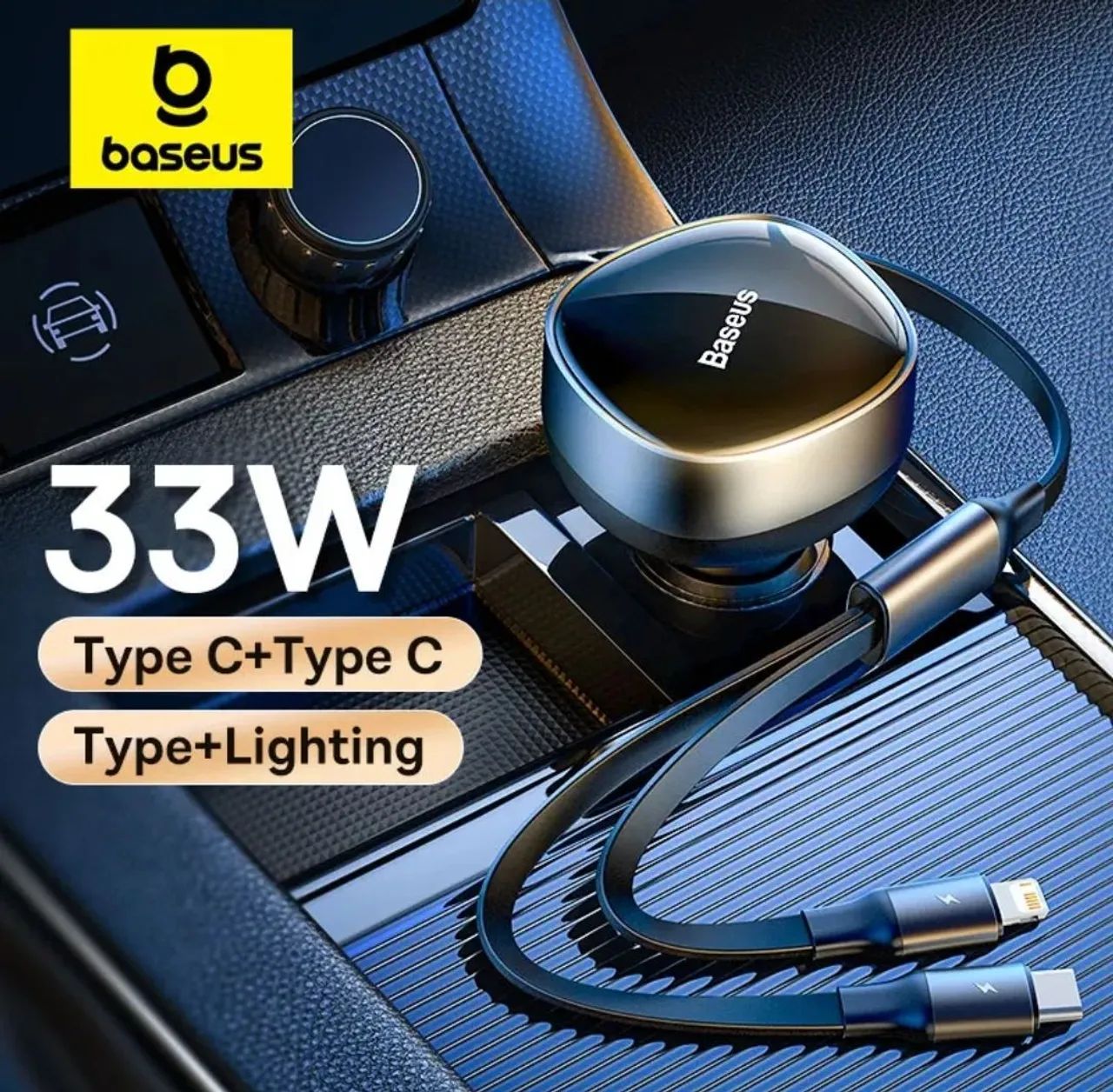 Carregador de carro Baseus 33W com 2 cabos - Tipo C e Lightning